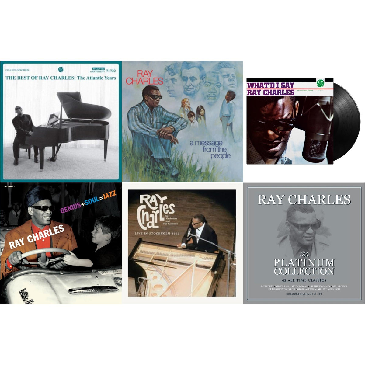 Platinum Collection (White LP Vinyl) & Best Of Ray Charles: The Atlantic Years (2LP/White Vinyl) & Live In Stockholm 1972 (140G) & Message From The People (140G) & Genius + Soul = Jazz (Orange LP Vinyl) & What'd I Say (180G)
