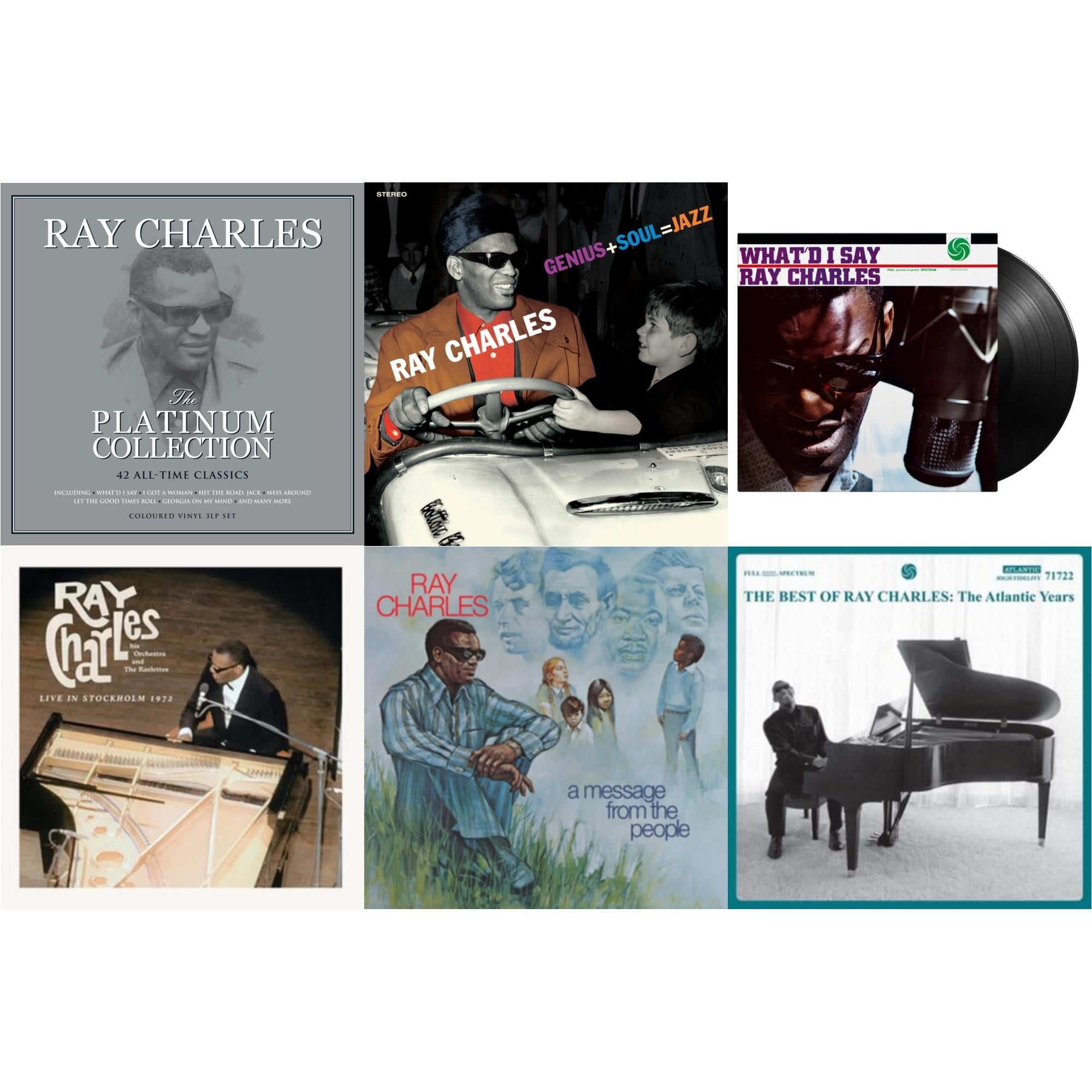Ray Charles - Platinum Collection (White LP Vinyl) & Best Of Ray Charles: The Atlantic Years (2LP/White Vinyl) & Live In Stockholm 1972 (140G) & Message From The People (140G) & Genius + Soul = Jazz (Orange LP Vinyl) & What'd I Say (180G)