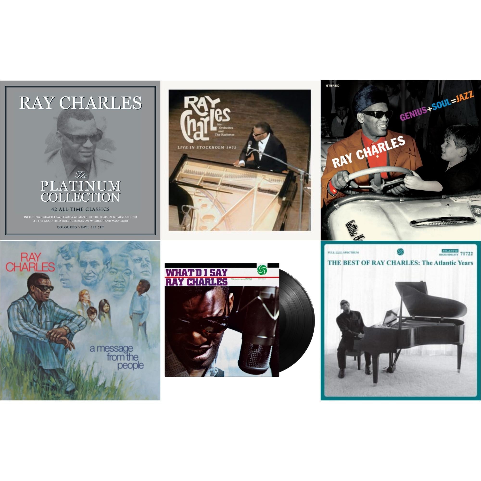 Ray Charles - Platinum Collection (White LP Vinyl) & Best Of Ray Charles: The Atlantic Years (2LP/White Vinyl) & Live In Stockholm 1972 (140G) & Message From The People (140G) & Genius + Soul = Jazz (Orange LP Vinyl) & What'd I Say (180G)