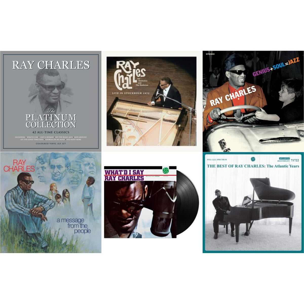 Ray Charles - Platinum Collection (White LP Vinyl) & Best Of Ray Charles: The Atlantic Years (2LP/White Vinyl) & Live In Stockholm 1972 (140G) & Message From The People (140G) & Genius + Soul = Jazz (Orange LP Vinyl) & What'd I Say (180G)