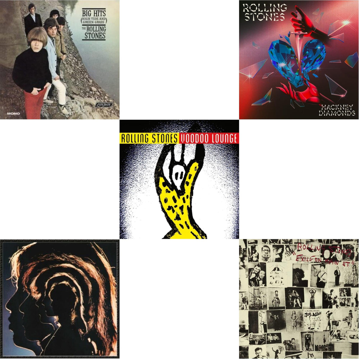 Big Hits (High Tide Green Grass LP Vinyl) & Hot Rocks 1964-1971 (2LP) & Voodoo Lounge (30Th Anniversary) (Red/Yellow Vinyl/2LP) & Hackney Diamonds (1 Year Anniversary/Clear/Blue Splatter Vinyl/2LP) & Exile On Main Street (2LP)