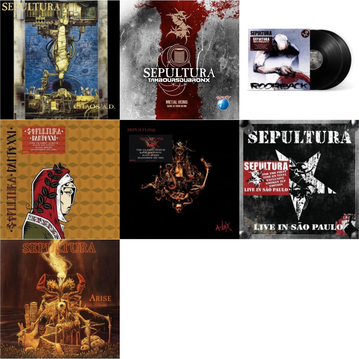 Chaos A.D. (Expanded Edition/2LP) & Metal Veins - Alive At Rock In Rio (Limited/2LP) & Roorback & Dante Xxi & A-Lex (2LP) & Live In Sao Paulo (2LP) & Arise (Expanded Edition)