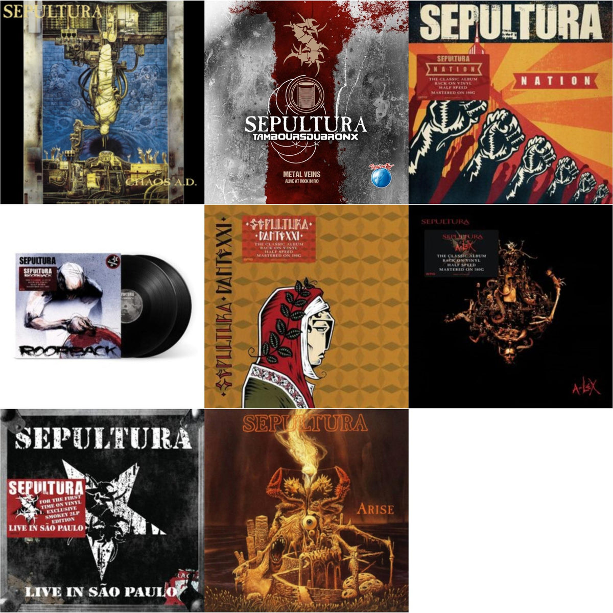 Chaos A.D. (Expanded Edition/2LP) & Metal Veins - Alive At Rock In Rio (Limited/2LP) & Nation (2LP) & Roorback & Dante Xxi & A-Lex (2LP) & Live In Sao Paulo (2LP) & Arise (Expanded Edition)
