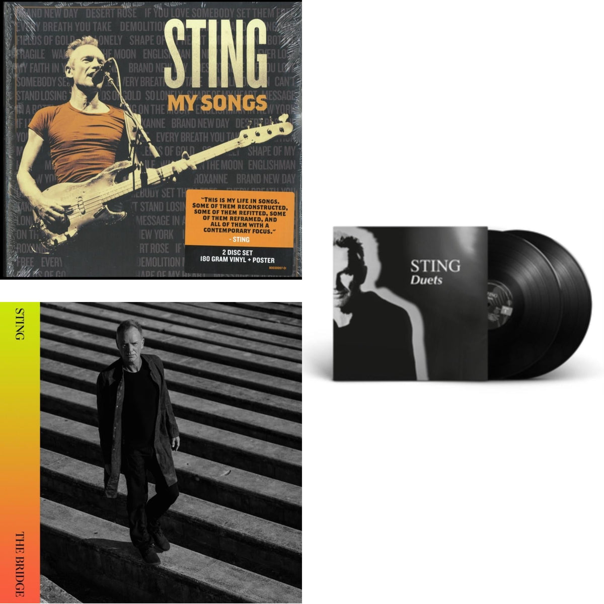 This is a 3 LP Vinyl SKU bundle.
1.This LP Vinyl is brand new.Format: LP VinylThis item's title is: My Songs (2 LP)Artist: StingLabel: Cherrytree RecordsBarcode: 602577587214Release Date: 6/7/2019
2.This LP Vinyl is brand new.