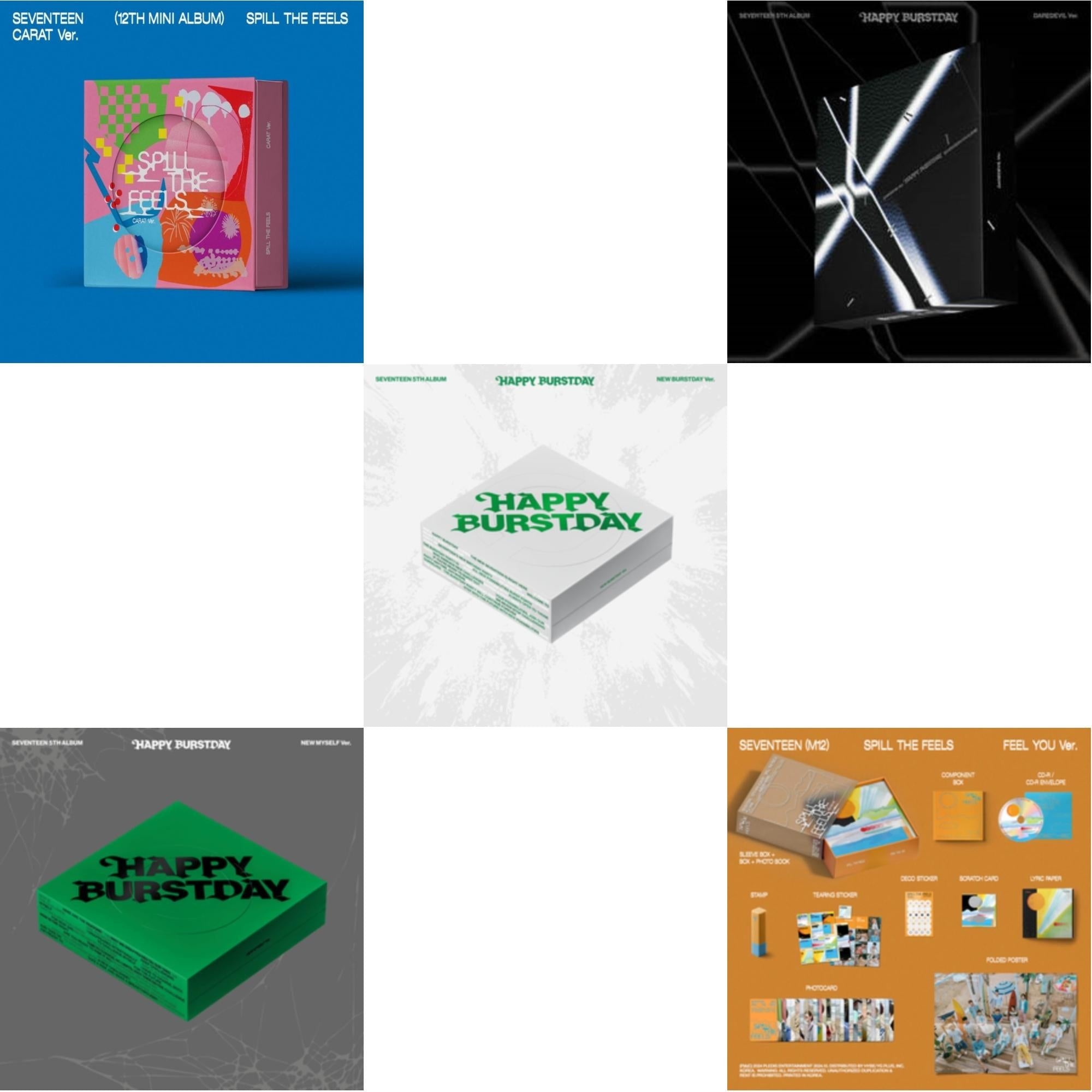 Spill The Feels - Seventeen 12Th Mini Album (Carat Ver.) & Seventeen 5Th Album Happy Burstday (New Myself Ver.) & Seventeen 5Th Album Happy Burstday (New Burstday Ver.) & Seventeen 5Th Album Happy Burstday (Daredevil Ver.) & Seventeen (12Th Mini Album)