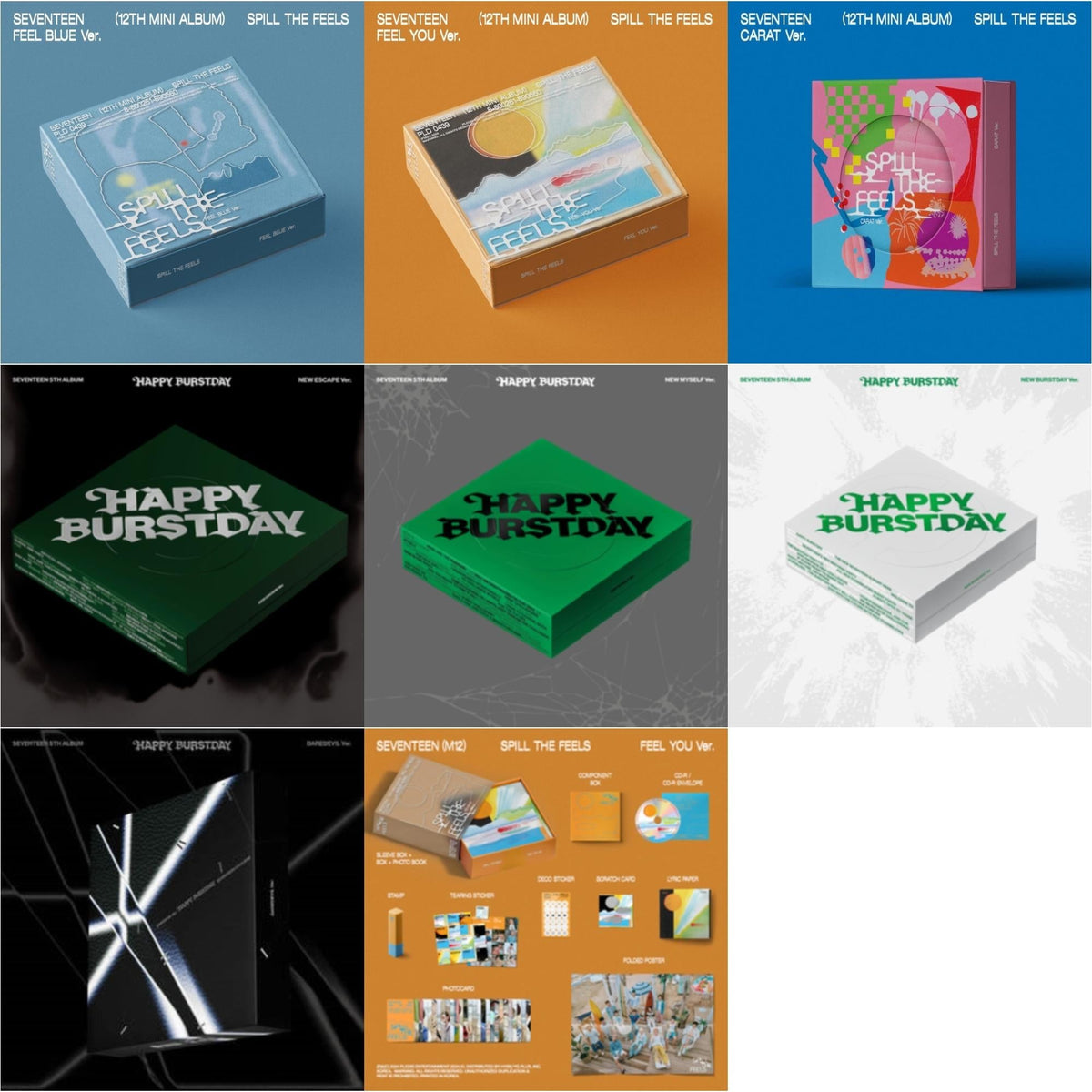 Spill The Feels - Seventeen 12Th Mini Album (Feel Blue Ver.) & Spill The Feels - Seventeen 12Th Mini Album (Feel You Ver.) & Spill The Feels - Seventeen 12Th Mini Album (Carat Ver.) & Seventeen 5Th Album Happy Burstday (New Escape Ver.)