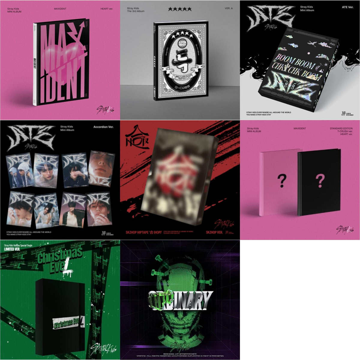 Maxident (Heart Version) & 5-Star (Ver. A) & Ate (Ate Ver.) & Ate (Accordion Ver.) & Hop (Skzhop Ver.) & Maxident (T-Crush Version/Heart Version) & Holiday Special Single Christmas Evel (Normal Ver.)