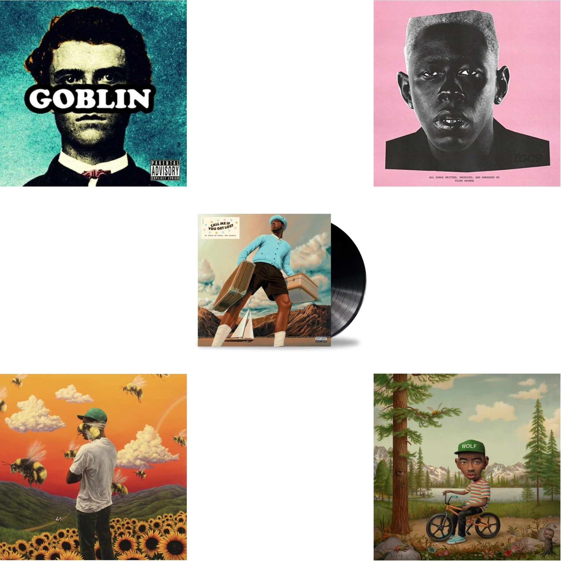 This is a 5 LP Vinyl SKU bundle.
1.This LP Vinyl is brand new.Format: LP VinylMusic Style: Hardcore Hip-HopThis item's title is: GoblinArtist:  The Creator TylerLabel: XL RECORDINGSBarcode: 634904052911Release Date: 5/10/2011
2.This LP Vinyl is brand new.