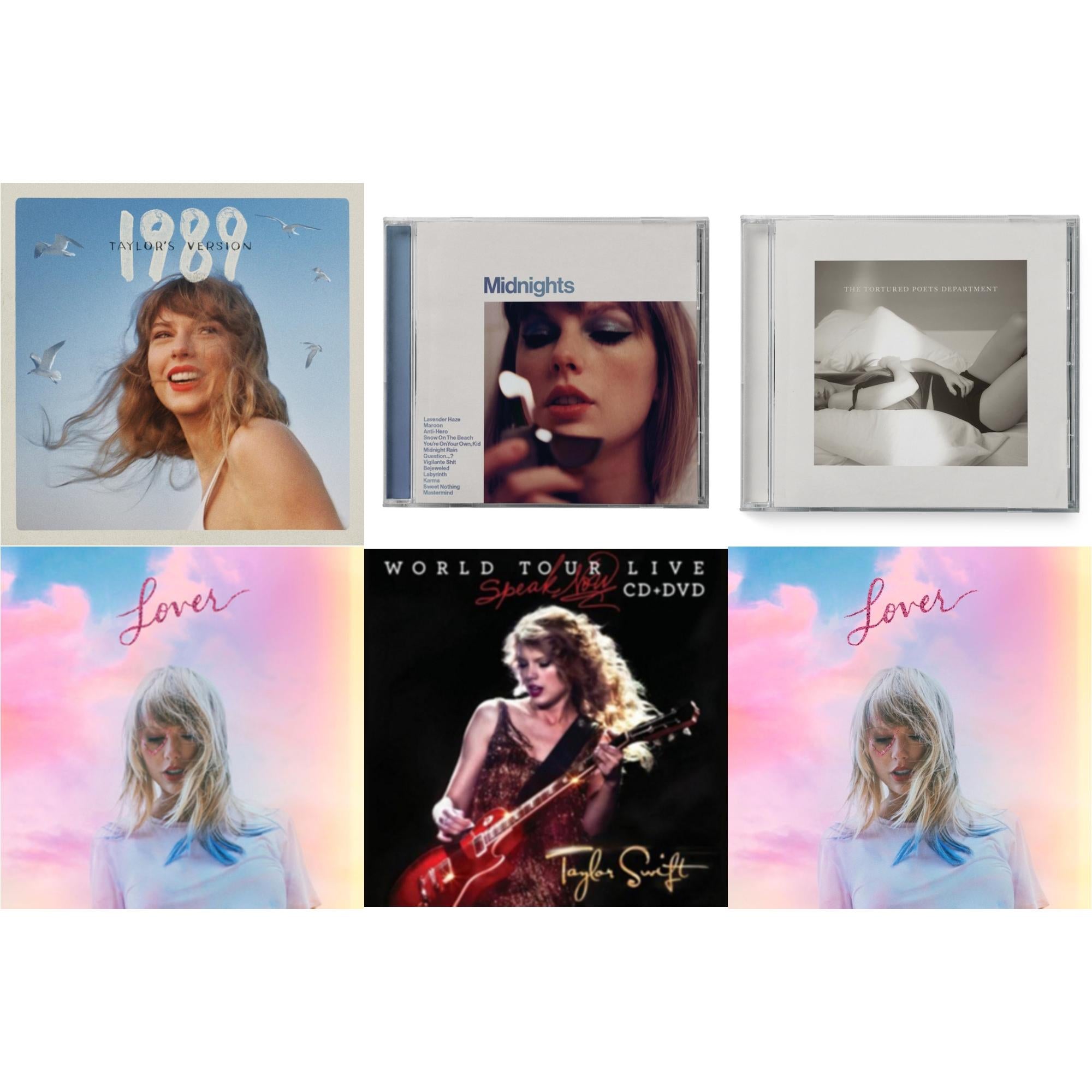 Midnights (X) (Moonstone Blue CD) & 1989 (Taylor's Version) & Tortured Poets Department (X) (Manuscript- Bonus Track) & Speak Now World Tour Live (CD/DVD) & Lover (Deluxe) (Version 2) & Lover