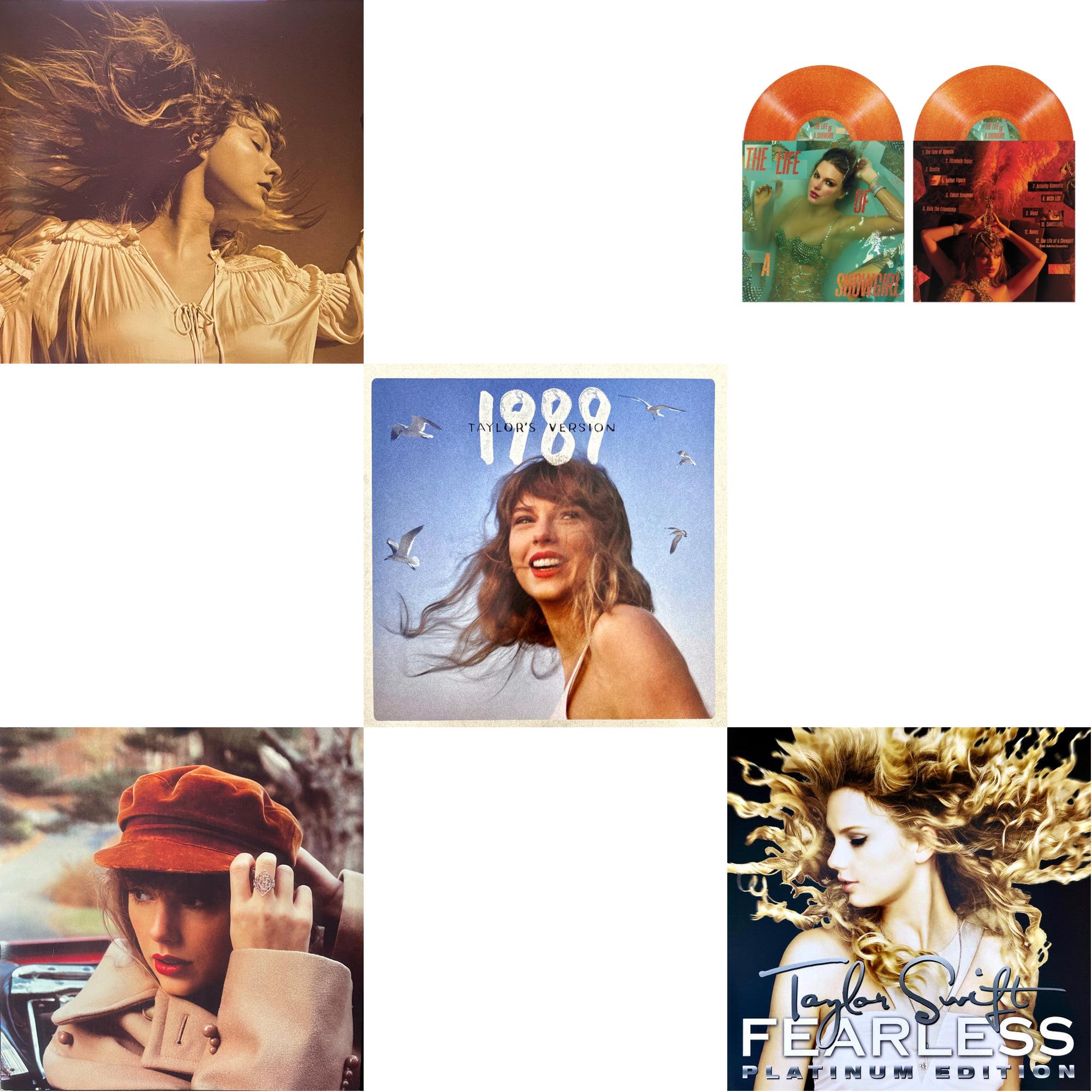 Fearless (Taylor's Version) (Gold Vinyl/3LP) & Red (Taylor's Version) (4LP) & 1989 (Taylor's Version) (2LP/Crystal Skies Blue Vinyl) & Life Of A Showgirl (X) (Sweat & Vanilla Perfume Portofino Orange Glitter LP Vinyl) & Fearless Platinum Edition