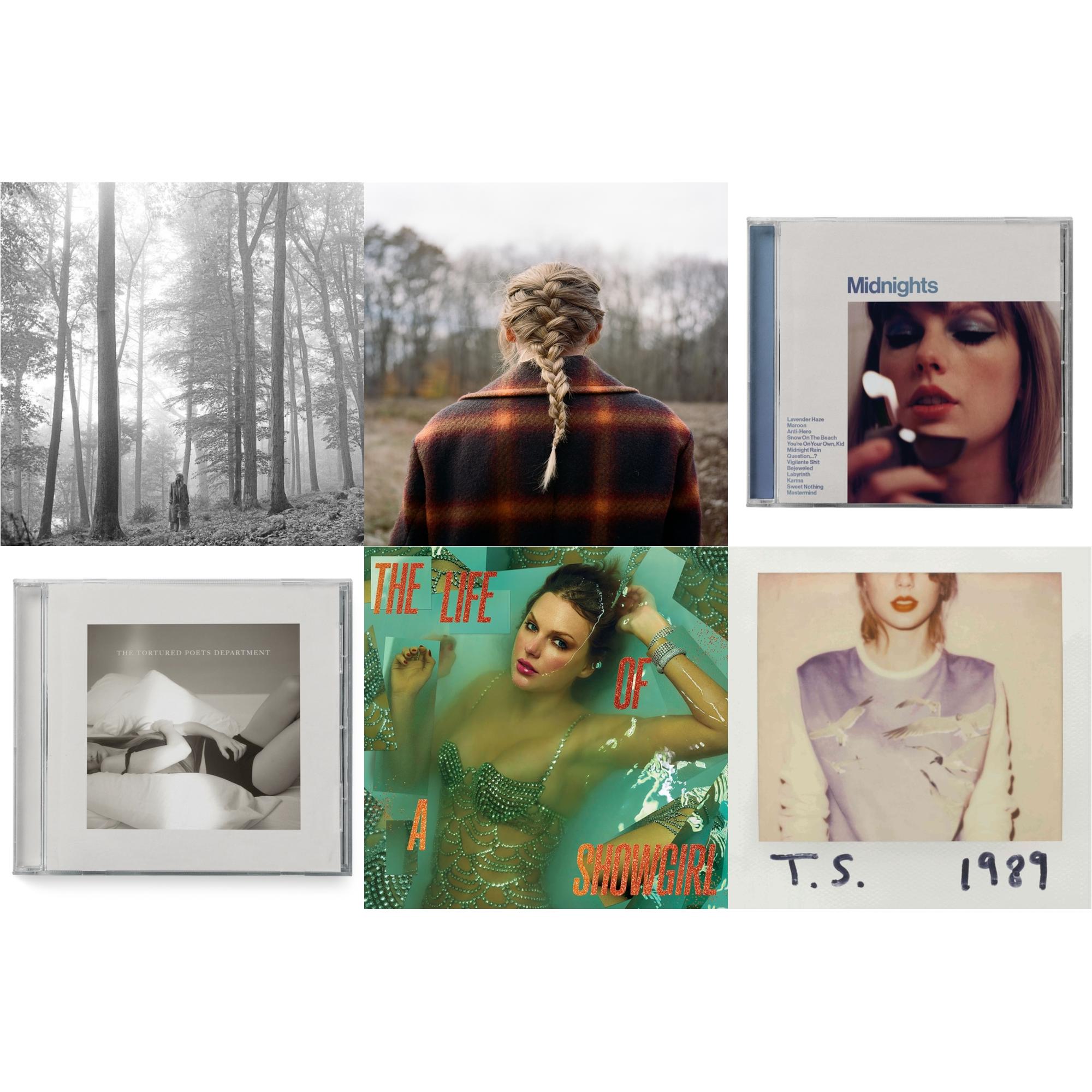 Folklore (Edited) & Evermore (X) & Midnights (X) (Moonstone Blue CD) & Tortured Poets Department (X) (Manuscript- Bonus Track) & Life Of A Showgirl (X) (Sweat & Vanilla Perfume CD W/ Poster) & 1989