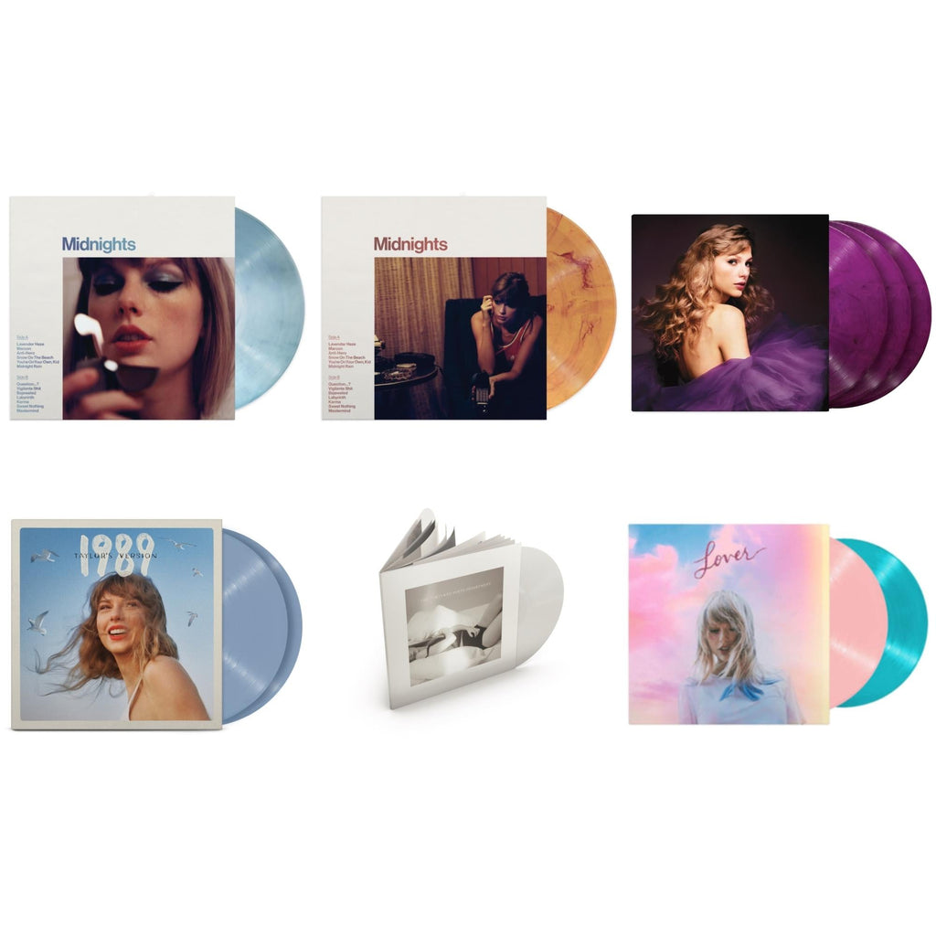 Taylor Swift - Midnights (X) (Moonstone Blue LP Vinyl) & Midnights (X) (Blood Moon LP Vinyl) & Speak Now (Taylor's Version) (Orchid Marbled Vinyl/3LP) & 1989 (Taylor's Version) (2LP/Crystal Skies Blue Vinyl) & Tortured Poets Department (X) (Ghosted