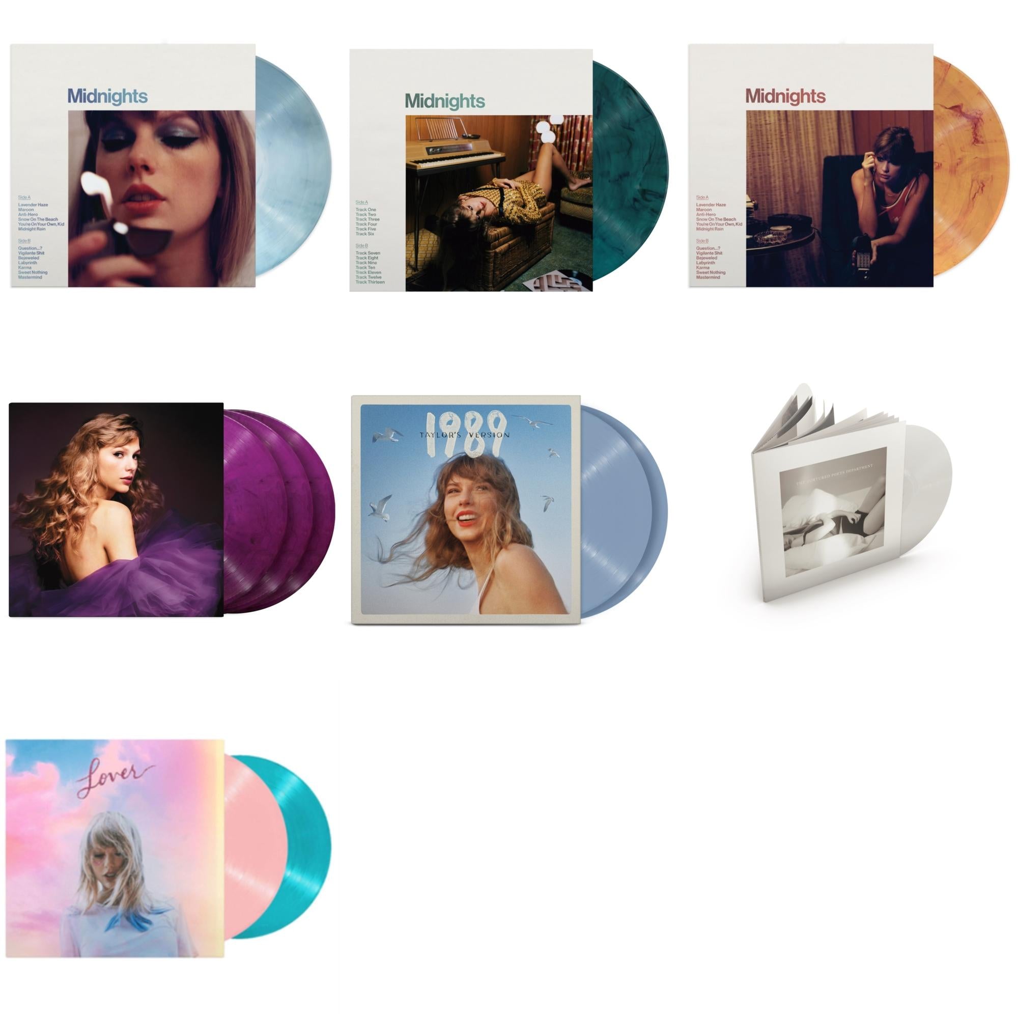 Taylor Swift - Midnights (X) (Moonstone Blue LP Vinyl) & Midnights (X) (Jade Green LP Vinyl) & Midnights (X) (Blood Moon LP Vinyl) & Speak Now (Taylor's Version) (Orchid Marbled Vinyl/3LP) & 1989 (Taylor's Version) (2LP/Crystal Skies Blue Vinyl) &