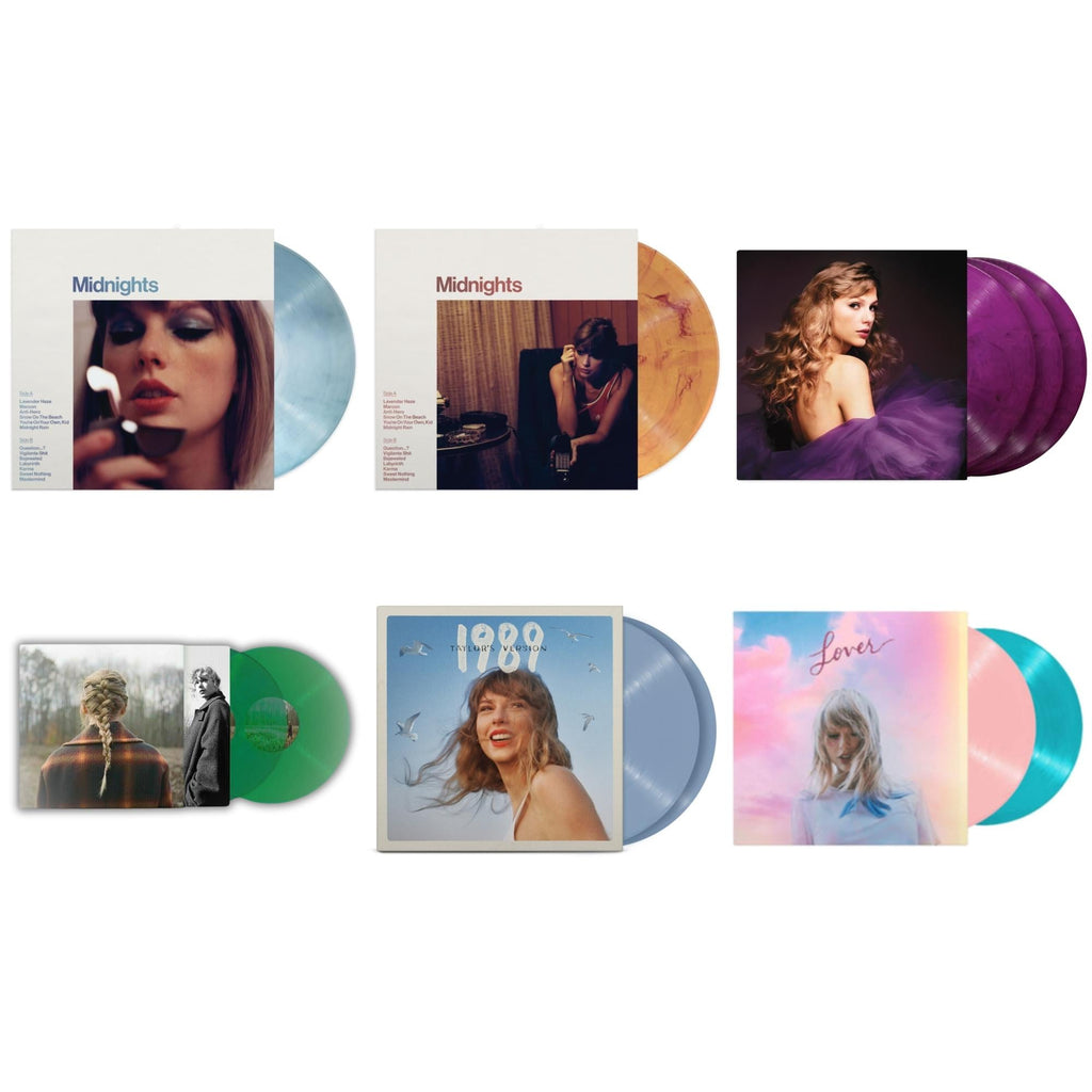 Evermore (Green Vinyl/2LP) & Midnights (X) (Moonstone Blue LP Vinyl) & Midnights (X) (Blood Moon LP Vinyl) & Speak Now (Taylor's Version) (Orchid Marbled Vinyl/3LP) & 1989 (Taylor's Version) (2LP/Crystal Skies Blue Vinyl) & Lover