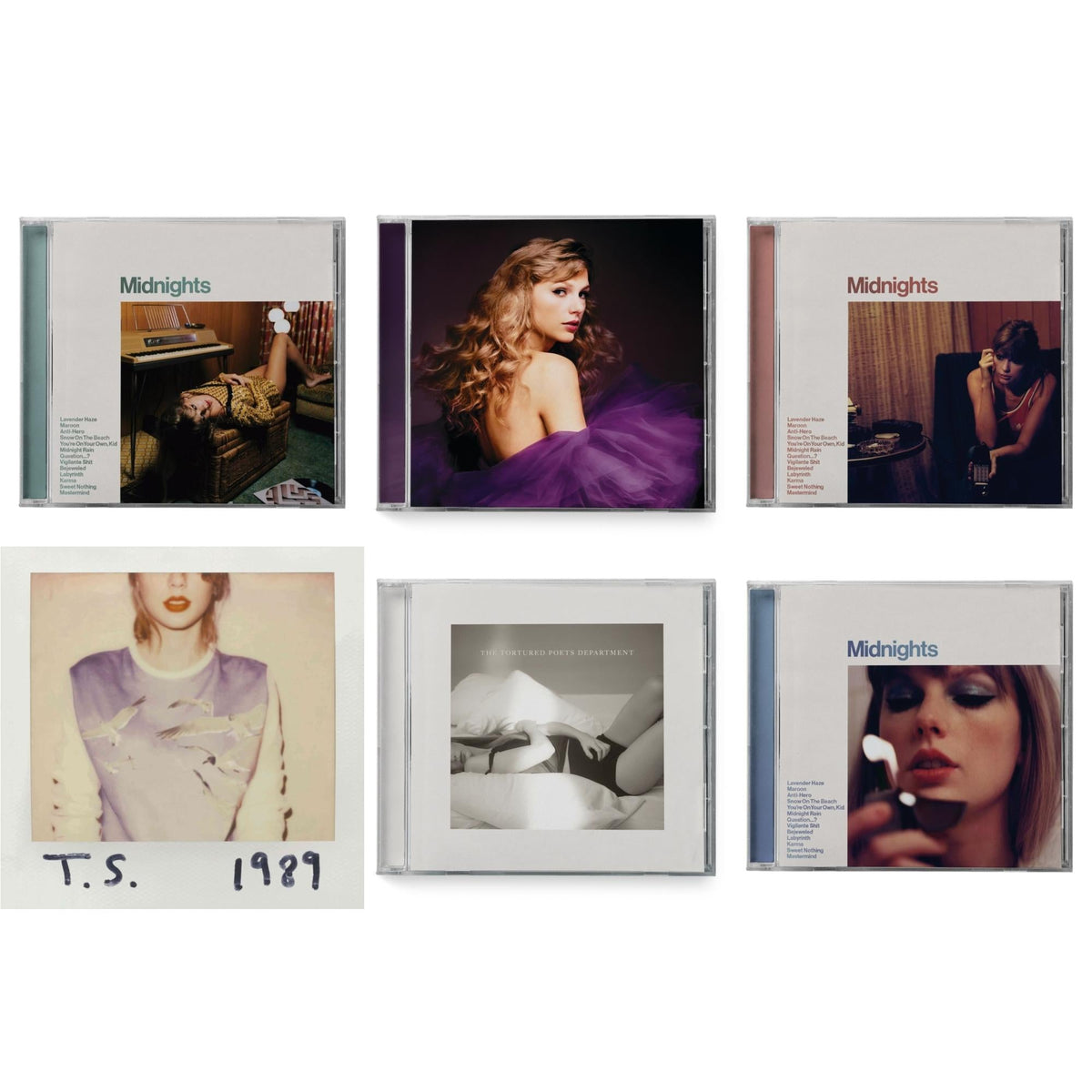 Midnights (X) (Moonstone Blue CD) & Midnights (X) (Jade Green CD) & Midnights (X) (Blood Moon CD) & Speak Now (Taylor's Version) (2CD) & Tortured Poets Department (X) (Manuscript- Bonus Track) & 1989
