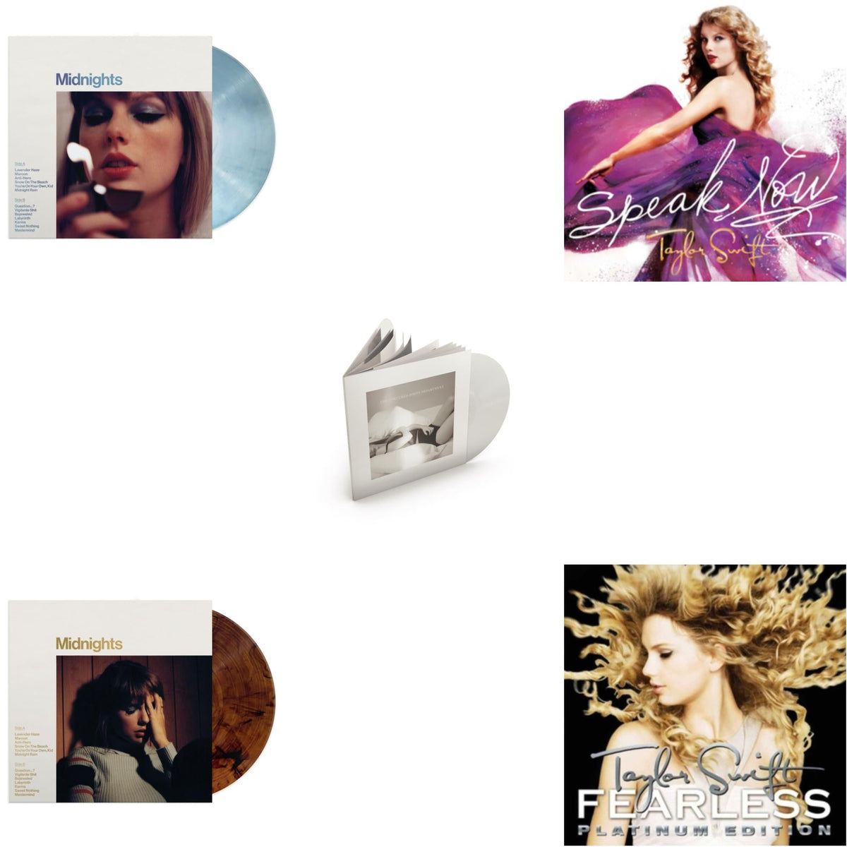 This is a 5 LP Vinyl SKU bundle.
1.This LP Vinyl is brand new.Format: LP VinylMusic Style: Synth-popThis item's title is: Midnights (X) (Moonstone Blue LP Vinyl)Artist: Taylor SwiftLabel: REPUBLICBarcode: 602445789825Release Date: 10/21/2022
2.This LP Vinyl is brand new.
