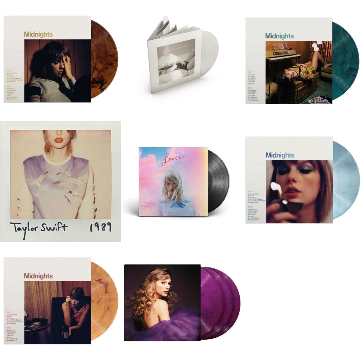 Taylor Swift - Midnights (X) (Moonstone Blue LP Vinyl) & Midnights (X) (Jade Green LP Vinyl) & Midnights (X) (Blood Moon LP Vinyl) & Midnights (X) (Mahogany Color LP Vinyl) & Speak Now (Taylor's Version) (Orchid Marbled Vinyl/3LP) & Lover (2LP) &