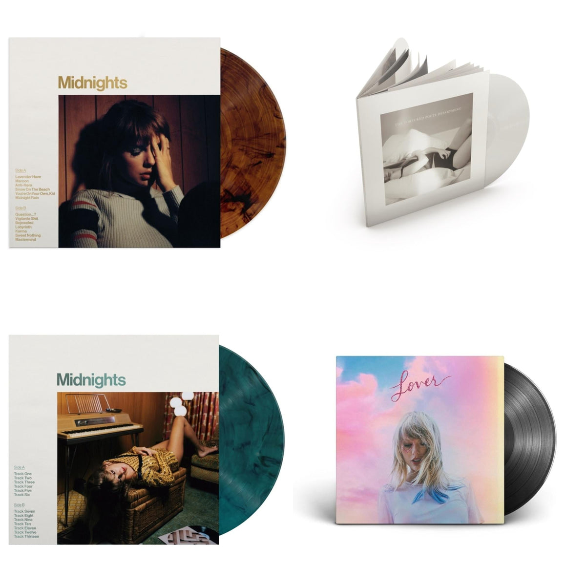 Midnights (X) (Jade Green LP Vinyl) & Midnights (X) (Mahogany Color LP Vinyl) & Lover (2LP) & Tortured Poets Department (X) (Ghosted White Vinyl/2LP/Manuscript- Bonus Track)