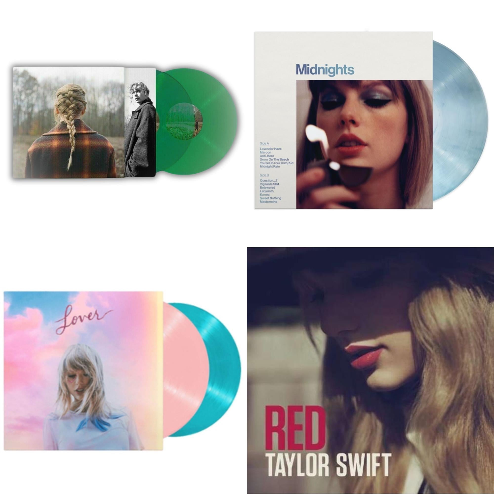 Evermore (Green Vinyl/2LP) & Midnights (X) (Moonstone Blue LP Vinyl) & Lover & Red
