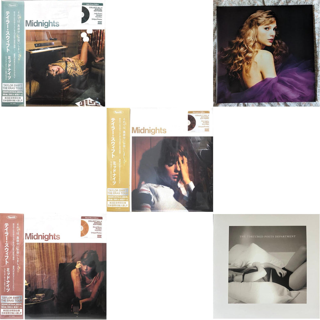 Midnights (X) (Jade Green LP Vinyl) & Midnights (X) (Blood Moon LP Vinyl) & Midnights (X) (Mahogany Color LP Vinyl) & Speak Now (Taylor's Version) (Orchid Marbled Vinyl/3LP) & Tortured Poets Department (X) (Ghosted White Vinyl/2LP/Manuscript- Bonus Track)