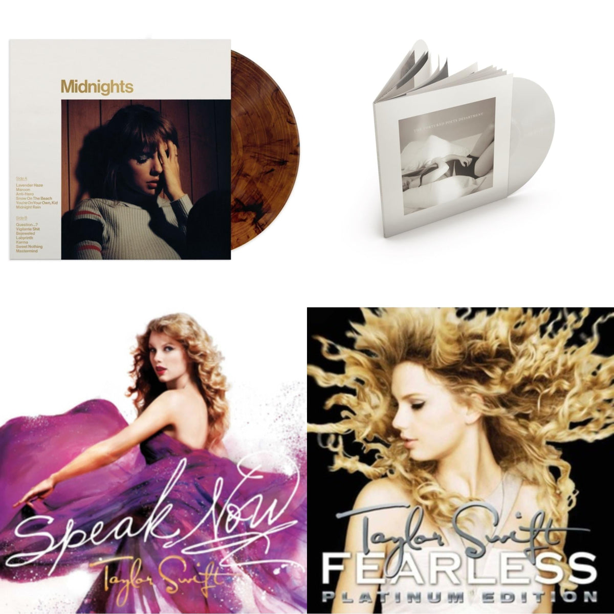 This is a 4 LP Vinyl SKU bundle.
1.This LP Vinyl is brand new.Format: LP VinylMusic Style: Synth-popThis item's title is: Midnights (X) (Mahogany Color LP Vinyl)Artist: Taylor SwiftLabel: REPUBLICBarcode: 602445790074Release Date: 10/21/2022
2.This LP Vinyl is brand new.
