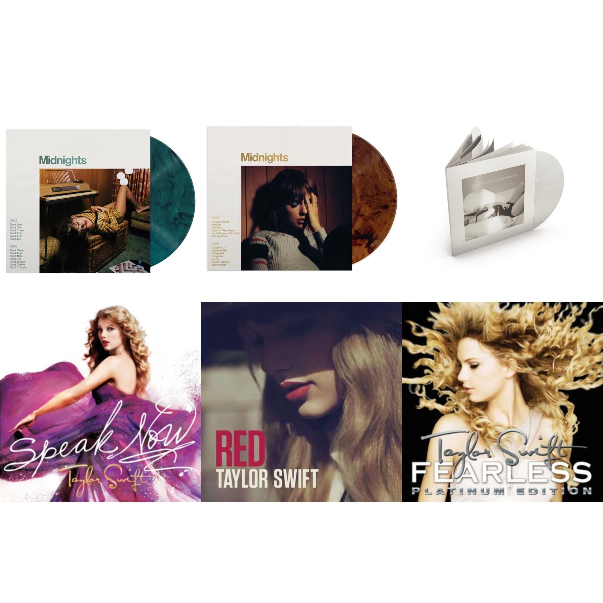 This is a 6 LP Vinyl SKU bundle.
1.This LP Vinyl is brand new.Format: LP VinylMusic Style: Indie PopThis item's title is: Midnights (X) (Jade Green LP Vinyl)Artist: Taylor SwiftLabel: REPUBLICBarcode: 602445790050Release Date: 10/21/2022
2.This LP Vinyl is brand new.