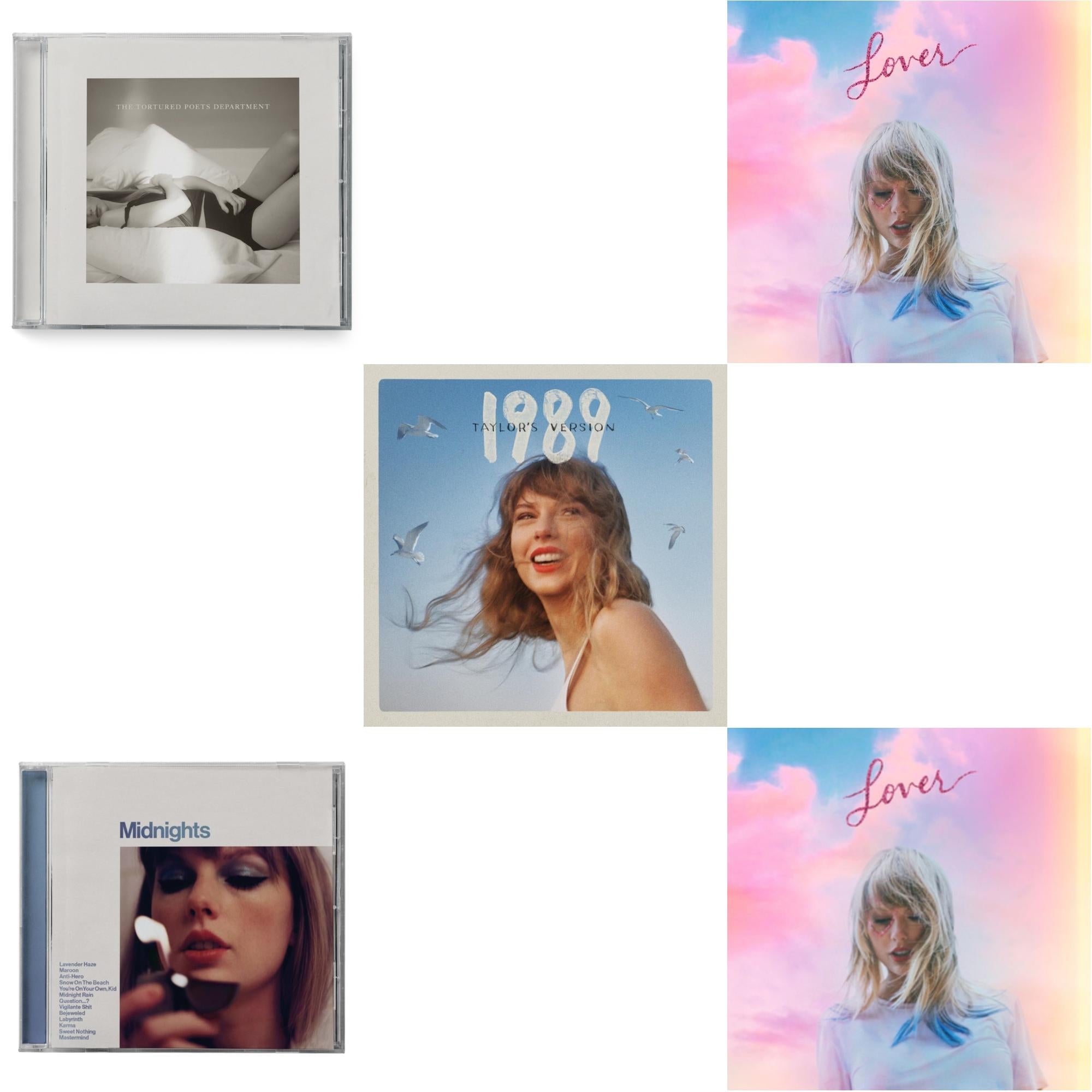 Midnights (X) (Moonstone Blue CD) & 1989 (Taylor's Version) & Tortured Poets Department (X) (Manuscript- Bonus Track) & Lover (Deluxe) (Version 2) & Lover