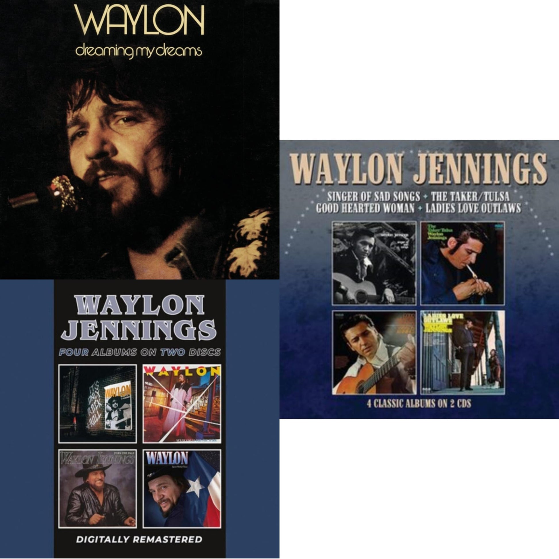 This is a 3 CD SKU bundle.
1.This CD is brand new.Format: CDMusic Style: Honky TonkThis item's title is: Dreaming My DreamsArtist: Waylon JenningsLabel: SONY SPECIAL MARKETINGBarcode: 886919875027Release Date: 12/6/2012
2.This CD is brand new.